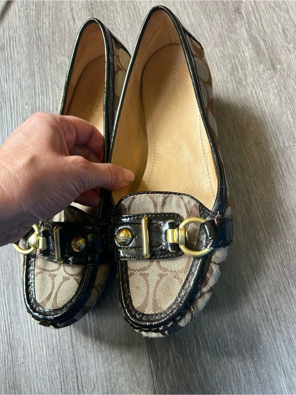 Coach Brown Signature Canvas Flats with Black Patent Trim and Gold Hardware